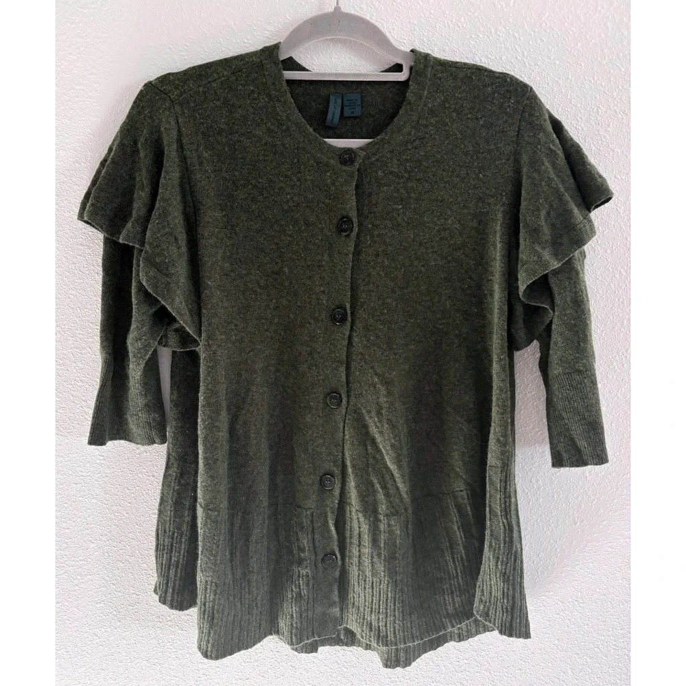 Left Of Center Cashmere Lambswool Cottagecore Cardigan‎ M Green Ruffled Sleeve